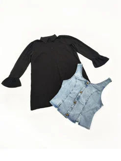 Denim Vest Flared Sleeve Mini Shirt Dress Set