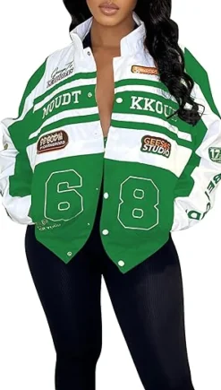 Detachable Letter Graphic Racer Colorblock Baseball Coat