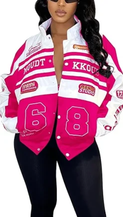 Detachable Letter Graphic Racer Colorblock Baseball Coat