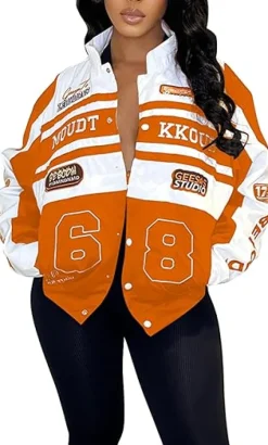 Detachable Letter Graphic Racer Colorblock Baseball Coat