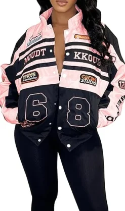 Detachable Letter Graphic Racer Colorblock Baseball Coat