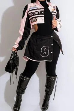 Detachable Letter Graphic Racer Colorblock Baseball Coat