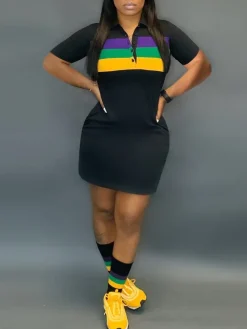 Digital Print Short Sleeve Shirt Collar Mini Dress