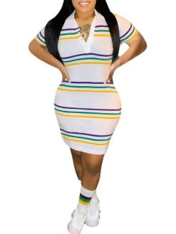 Digital Print Short Sleeve Shirt Collar Mini Dress