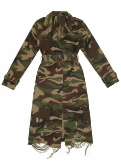 Distressed Camouflage Long Trench Coat