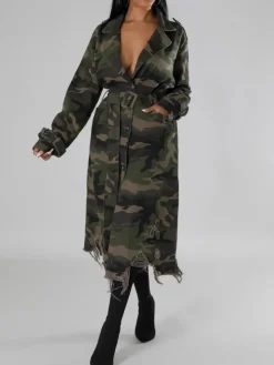 Distressed Camouflage Long Trench Coat