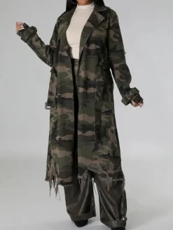 Distressed Camouflage Long Trench Coat