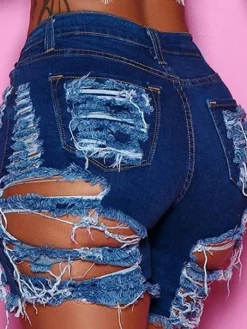 Distressed Elastic Ripped Knee Length Denim Shorts
