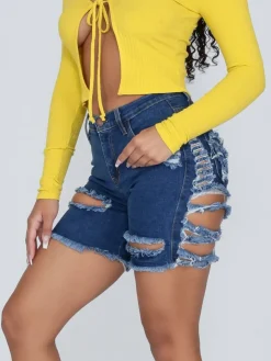 Distressed Elastic Ripped Knee Length Denim Shorts