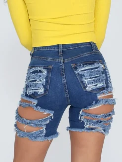 Distressed Elastic Ripped Knee Length Denim Shorts