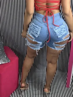 Distressed Elastic Ripped Knee Length Denim Shorts