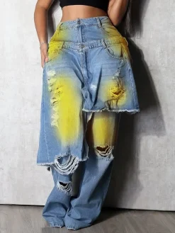 Distressed Gradient Patchwork Wide Leg Jeans