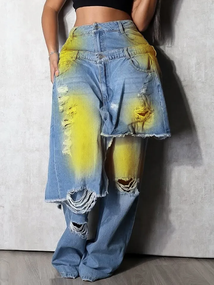 Distressed Gradient Patchwork Wide Leg Jeans