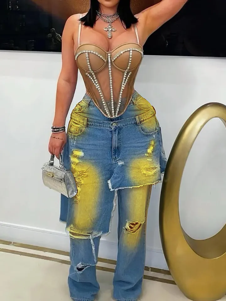 Distressed Gradient Patchwork Wide Leg Jeans