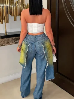 Distressed Gradient Patchwork Wide Leg Jeans