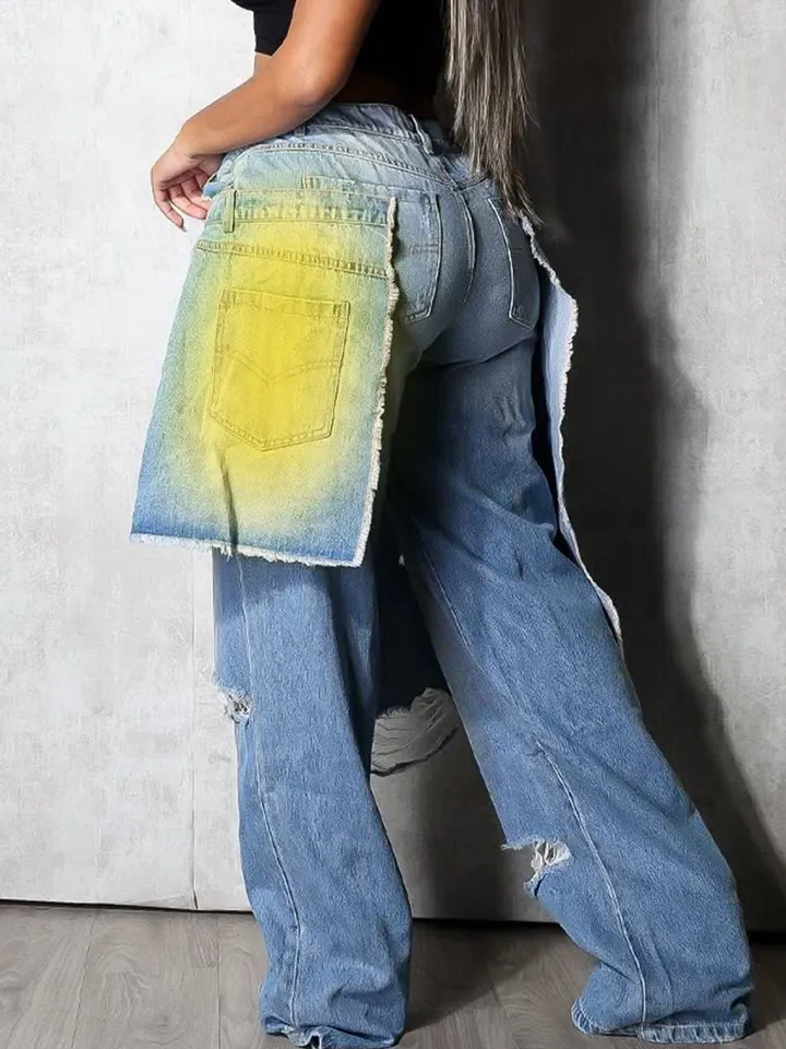 Distressed Gradient Patchwork Wide Leg Jeans