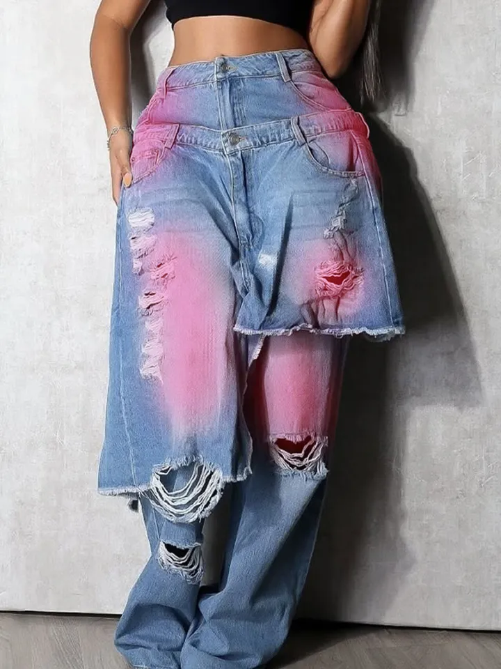 Distressed Gradient Patchwork Wide Leg Jeans