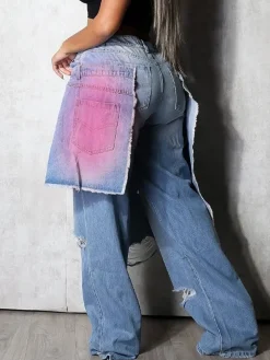 Distressed Gradient Patchwork Wide Leg Jeans