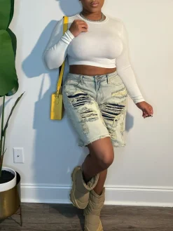 Distressed Patchwork Denim Shorts