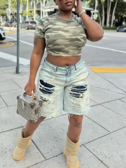 Distressed Patchwork Denim Shorts