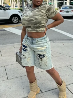 Distressed Patchwork Denim Shorts