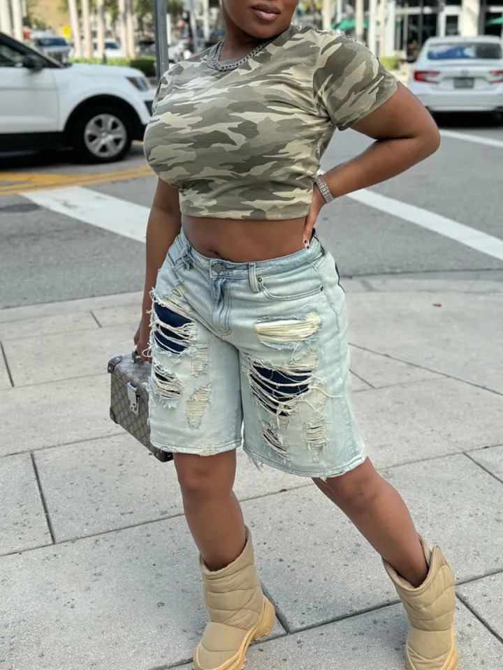 Distressed Patchwork Denim Shorts