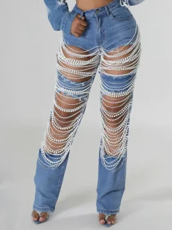 Distressed Pearl Chain Fringe Stretch Denim Jeans