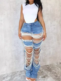 Distressed Pearl Chain Fringe Stretch Denim Jeans