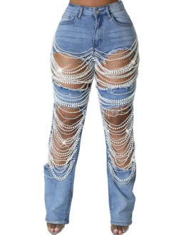 Distressed Pearl Chain Fringe Stretch Denim Jeans
