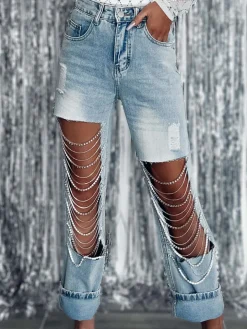 Distressed Rhinestone Chain Straight Leg Jeans