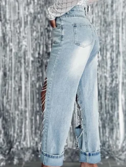 Distressed Rhinestone Chain Straight Leg Jeans