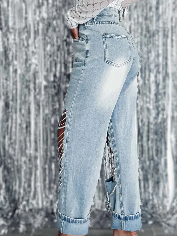 Distressed Rhinestone Chain Straight Leg Jeans