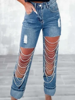 Distressed Rhinestone Chain Straight Leg Jeans