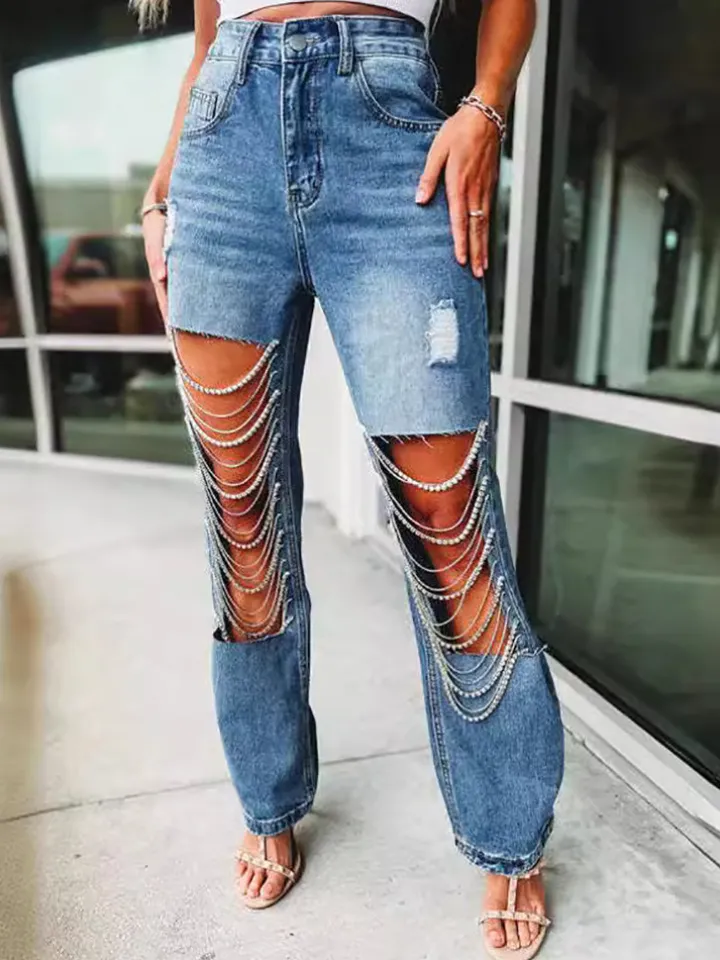 Distressed Rhinestone Chain Straight Leg Jeans