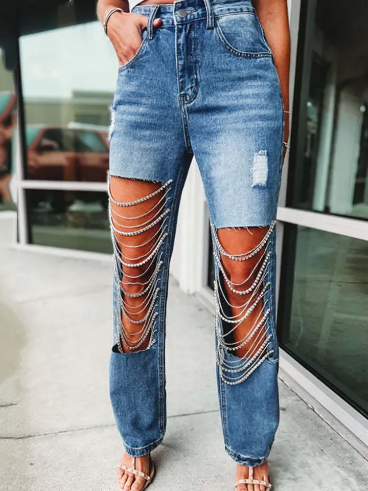 Distressed Rhinestone Chain Straight Leg Jeans