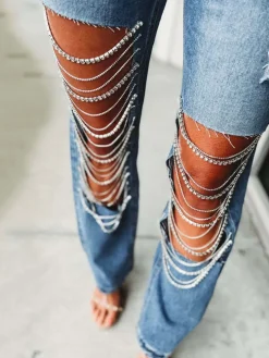 Distressed Rhinestone Chain Straight Leg Jeans