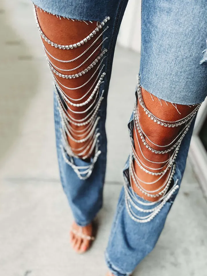 Distressed Rhinestone Chain Straight Leg Jeans
