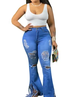 Distressed Zipper Fringe Washed Jeans