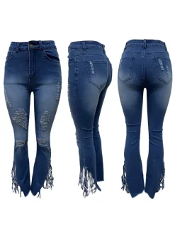 Distressed Zipper Fringe Washed Jeans
