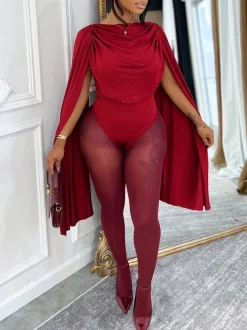 Draped Round Neck Cape Sleeve Romper