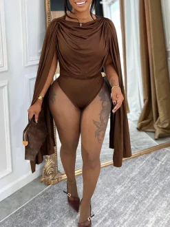 Draped Round Neck Cape Sleeve Romper