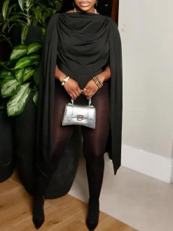 Draped Round Neck Cape Sleeve Romper