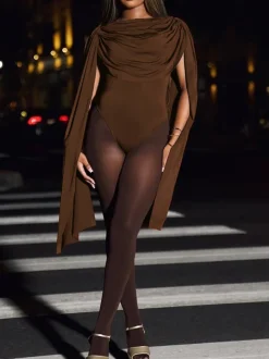 Draped Round Neck Cape Sleeve Romper