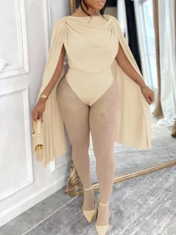 Draped Round Neck Cape Sleeve Romper