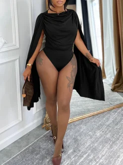 Draped Round Neck Cape Sleeve Romper