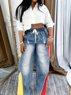 Drawstring High Waist Color Block Jeans