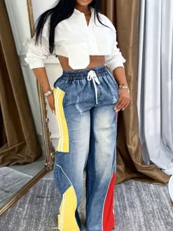 Drawstring High Waist Color Block Jeans