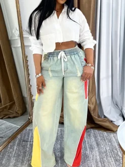 Drawstring High Waist Color Block Jeans