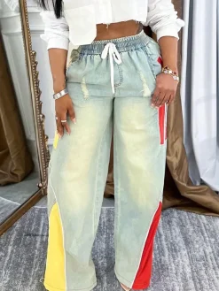 Drawstring High Waist Color Block Jeans