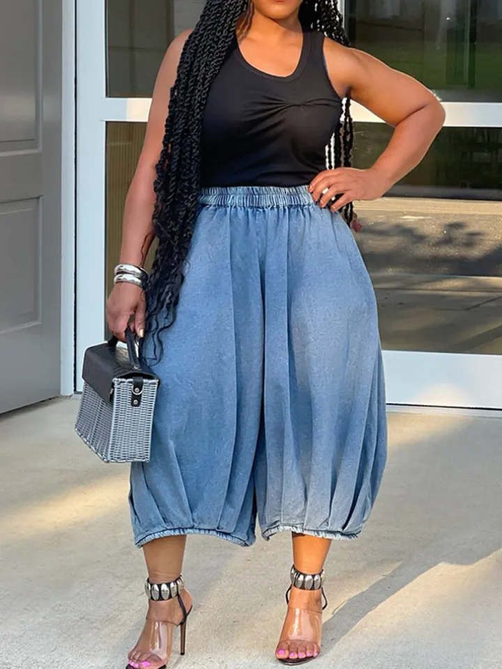 Elastic Waist Wide Leg Cropped Denim Jeans